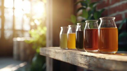 A beautiful arrangement of glass bottles filled with diverse beverages, showcasing a spectrum of colors while bathed in warm sunlight, evoking a cozy and inviting atmosphere.