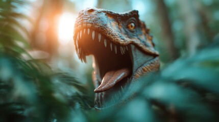 A lifelike dinosaur emerges from dense foliage in a lush jungle, showcasing prehistoric wildlife and evoking a sense of wonder and excitement about ancient creatures.
