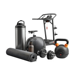 Home gym equipment, treadmill, kettlebell, dumbbells, yoga mat, water bottle.