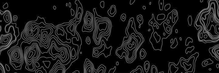 Abstract black and white topographic map illustration in vector style, showing contour lines, curves, and mountain ranges. Seamless pattern inspired by physical geography and terrain relief.