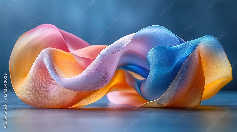 Poster a close-up of a multicolored object on a blue surface with a blurred background image