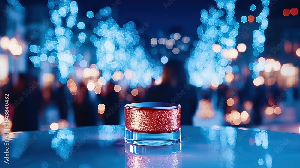Poster a candle rests on a table against a hazy cityscape backdrop with glowing lights behind it