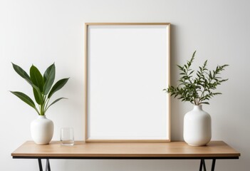 On the table is a picture frame with two vases and a plant