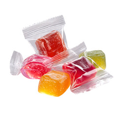Colorful jelly candies in individual plastic wrappers.
