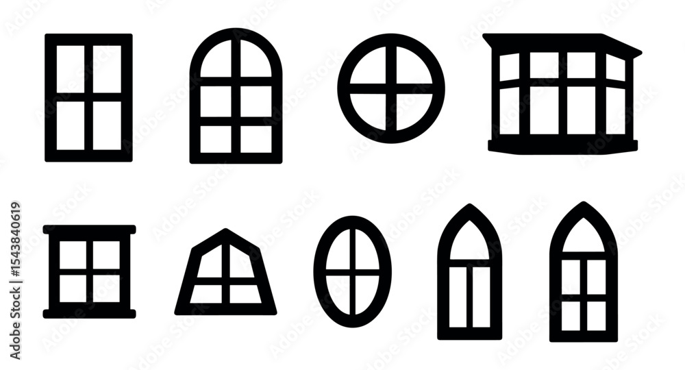 Poster window and architecture solid icon set. building structures and home design icons.