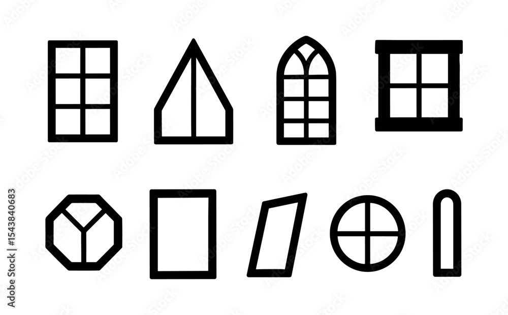 Poster window shapes outline icon set. diverse window designs in linear style