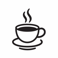  A stylized black and white vector icon of a coffee cup with steam rising from it, resting on a saucer.