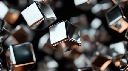 An artistic representation of metallic cubes floating against a dark backdrop, demonstrating geometric abstraction with reflections and interplay of light, eliciting deep emotional responses.