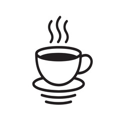 Black and white line art of a coffee cup with steam rising from it, a hot beverage. 