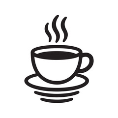 Black and white silhouette of a coffee cup with steam rising from it, a hot beverage. 