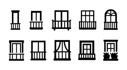 Home window silhouette icon set. architecture, balcony designs in silhouette style.