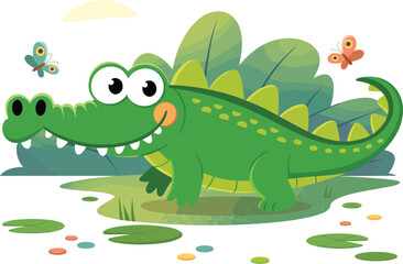  Cute Cartoon Green Crocodile in Swamp with Butterflies and Lily Pads, Adorable Alligator Character, Wildlife and Nature Illustration for Kids, Friendly Reptile.