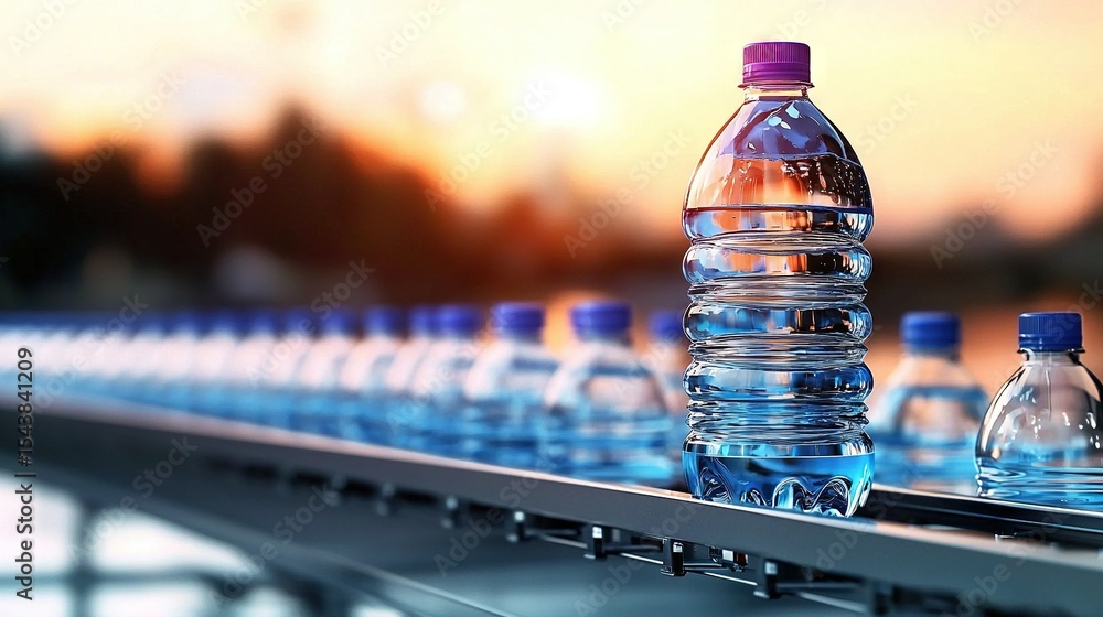 Poster a clear image with focused water bottles on a conveyor belt against a sharp background is optimal