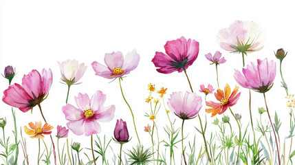 Fototapeta premium Watercolor botanical illustration of colorful flowers in garden setting, showcasing vibrant pinks and yellows