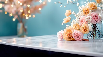   A vase with flowers on a table against a blurry backdrop, with strings of lights illuminating the scene
