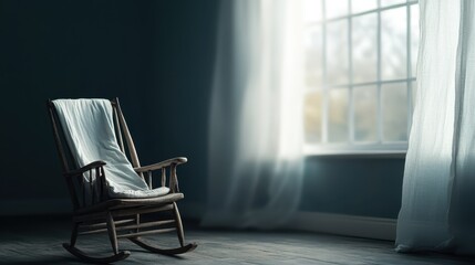 A beautifully lit image featuring a solitary rocking chair by a sunlit window, creating an inviting atmosphere that evokes feelings of nostalgia, comfort, and tranquility.