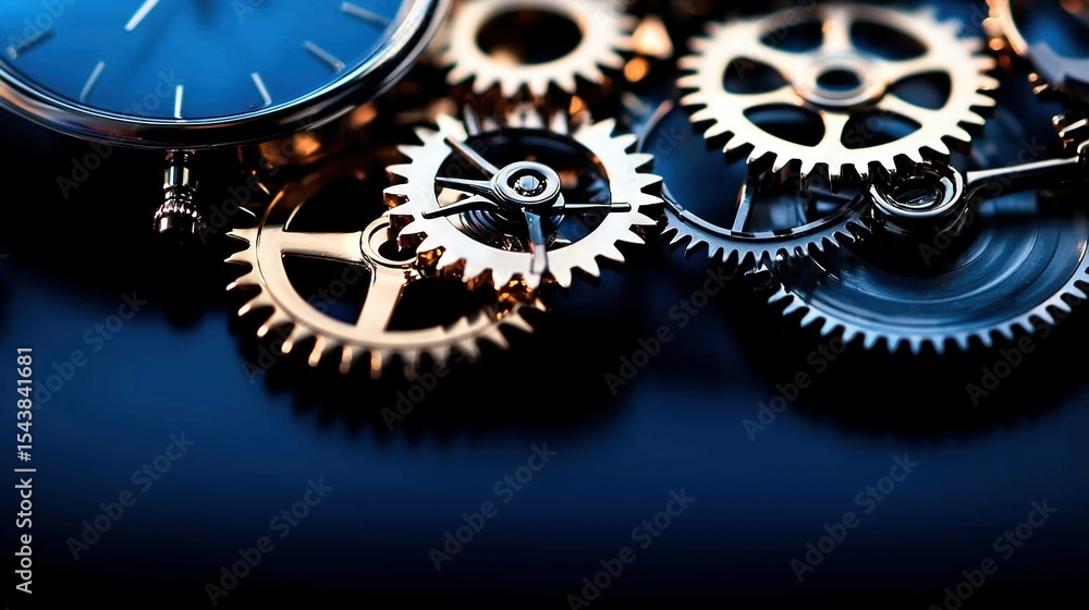 Poster a close-up photo of a set of gears on a blue background with a clock positioned at the center of the