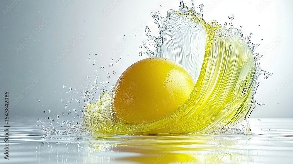 Poster a lemon splashes into the water as it floats in the foreground the water also splashes alongside the
