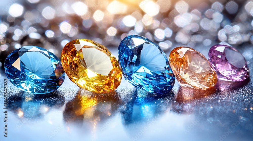 Poster a cluster of various tinted diamonds resting atop a azure backdrop, with ambient haze surrounding it