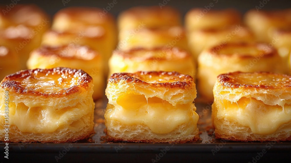 Poster a close-up of a tray with overlapping pastry items in the center