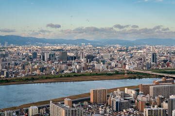 View of the Yodogawa Ward of the city and the Yodo River from the observation deck on the roof of...
