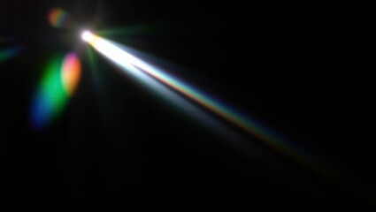 Blurred rainbow refraction overlay effect. Light lens prism effect on black background. Holographic reflection, crystal flare leak shadow overlay. Colorful rainbow disco ball light