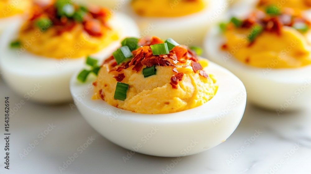 Poster a white table displays a close-up of deviled eggs adorned with bacon and chives, surrounded by simil