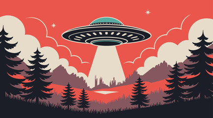 Retro Style Vector Illustration Flying Saucer Over Red Landscape Silhouette Mountains Pine Trees © mittpro