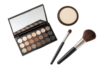 Minimalist beauty flat lay with an eyeshadow palette, two makeup brushes, and a round mirror — all placed on the right side of the composition.