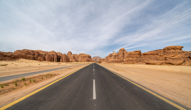 Scenic desert road between AlUla and Tabuk, Saudi Arabia