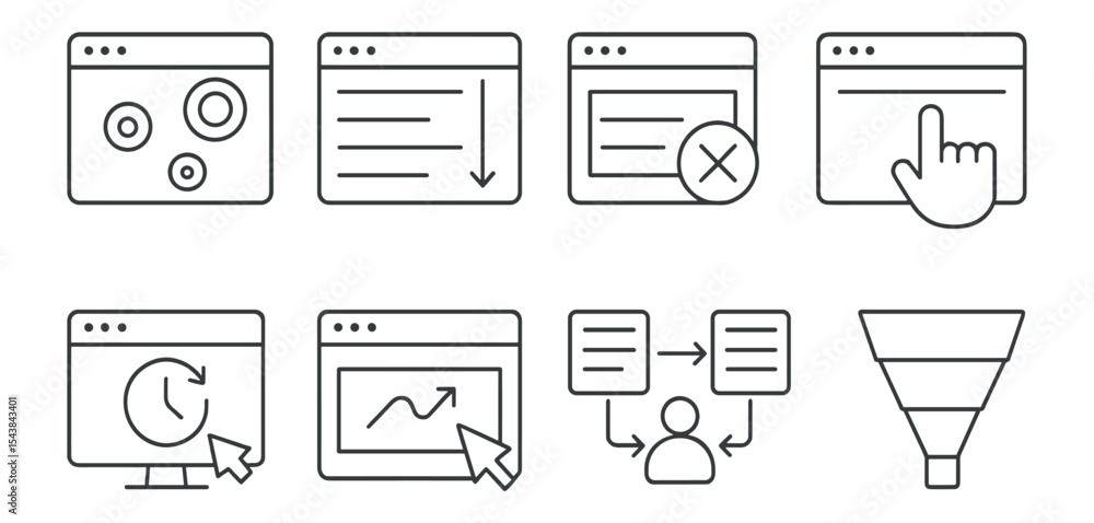Aufkleber web development line icon set. coding, ui, ux essentials outline illustration