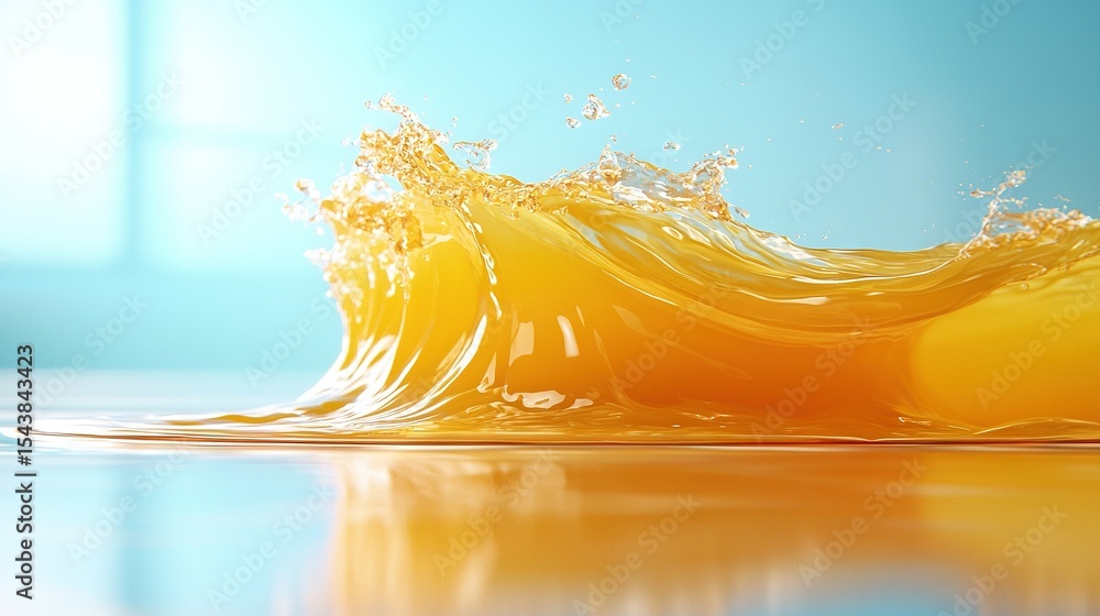 Poster yellow liquid splashes from object onto blue surface with window background