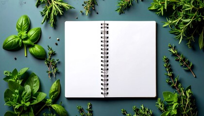 Blank Recipe Book with Herbs, and Flatlay.