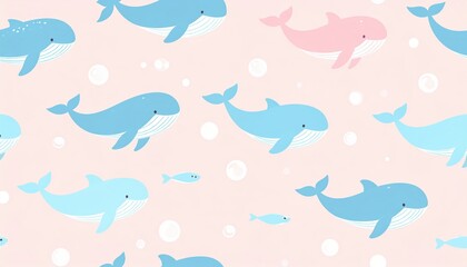 Cute abstract whales and fish in a bubble flow design with soft pastel hues, perfect for marine-themed projects.