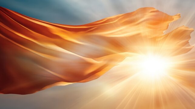 A vibrant silk flag is seen billowing gracefully in the breeze, illuminated by bright sunlight, creating a dynamic portrayal of motion and vitality against the sky.