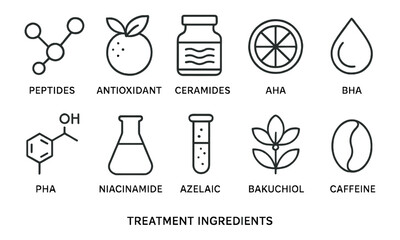 Skincare treatment ingredients line icon set. beauty, antioxidant, peptides icons