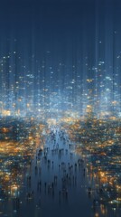 Futuristic Cityscape  Crowd  Night Lights  Data Streams  Abstract Background