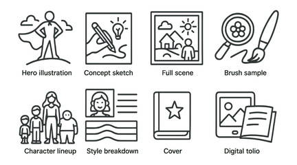 Hero illustration linear icon set. sketch, scene, brush, digital, lineup icons collection