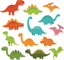 Naklejka premium Set of Colorful Cute Cartoon Dinosaurs Isolated on White, Various Prehistoric Creatures, Happy Dino Collection for Kids' Designs, Prehistoric Animal Illustration, Fun Jurassic Characters.