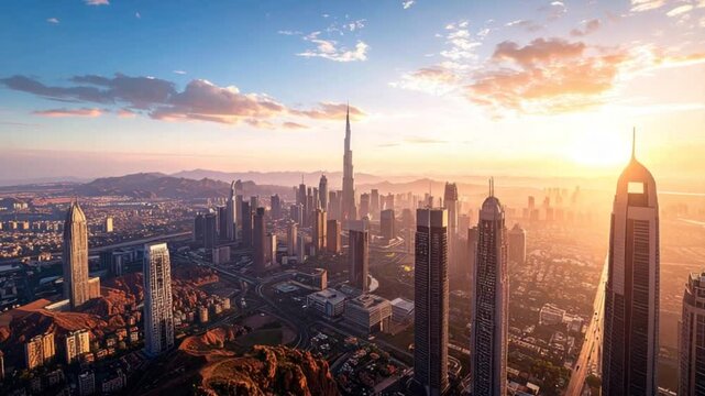 Dubai Skyline Sunrise Aerial View Timelapse