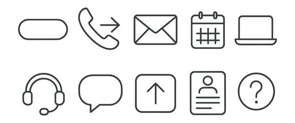 Communication and office outline icon set. email, phone, calendar, laptop designs
