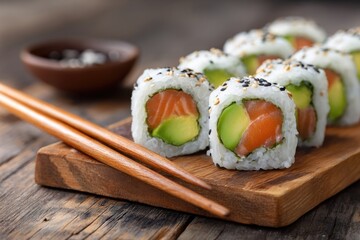 Eight sushi rolls, salmon, avocado, sesame seeds, on wooden board with chopsticks and soy sauce
