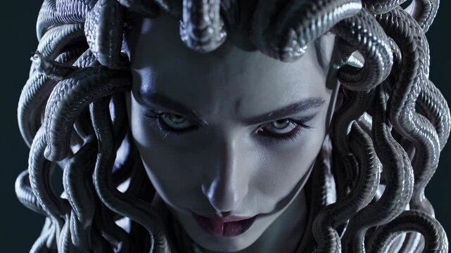 Medusa, a gorgon from Greek mythology, stares intensely with her hypnotic gaze, her hair composed of venomous snakes, creating a captivating and chilling portrait