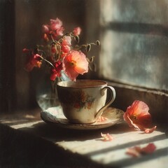 A countryside morning tea scene, teacup placed on a wooden bench with dew-dappled grass and warm golden horizon
