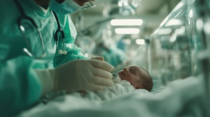A heartwarming moment capturing a caregiver gently holding a newborn in a hospital setting, emphasizing the bond of trust and compassion between them.
