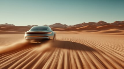 Obraz premium A sleek, futuristic car speeds through an expansive desert landscape, capturing the essence of adventure, modernity, and innovation in a stark environment.