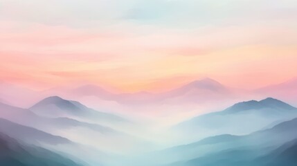 Pastel-hued mountain range veiled in soft mist at sunrise.