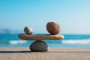 Balanced stones on a beach, creating a sense of serenity against a clear blue sky and ocean backdrop.  The scene evokes themes of equilibrium and mindfulness