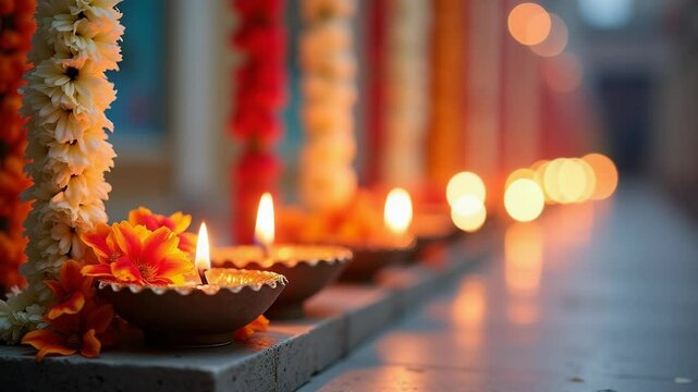 Traditional Diwali oil lamps decorate a temple with flowers as background, Diwali festival of lights celebration concept in India