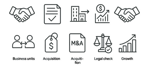 Fototapeta premium Business and finance line icon set: legal, growth, acquisition, strategy icons collection